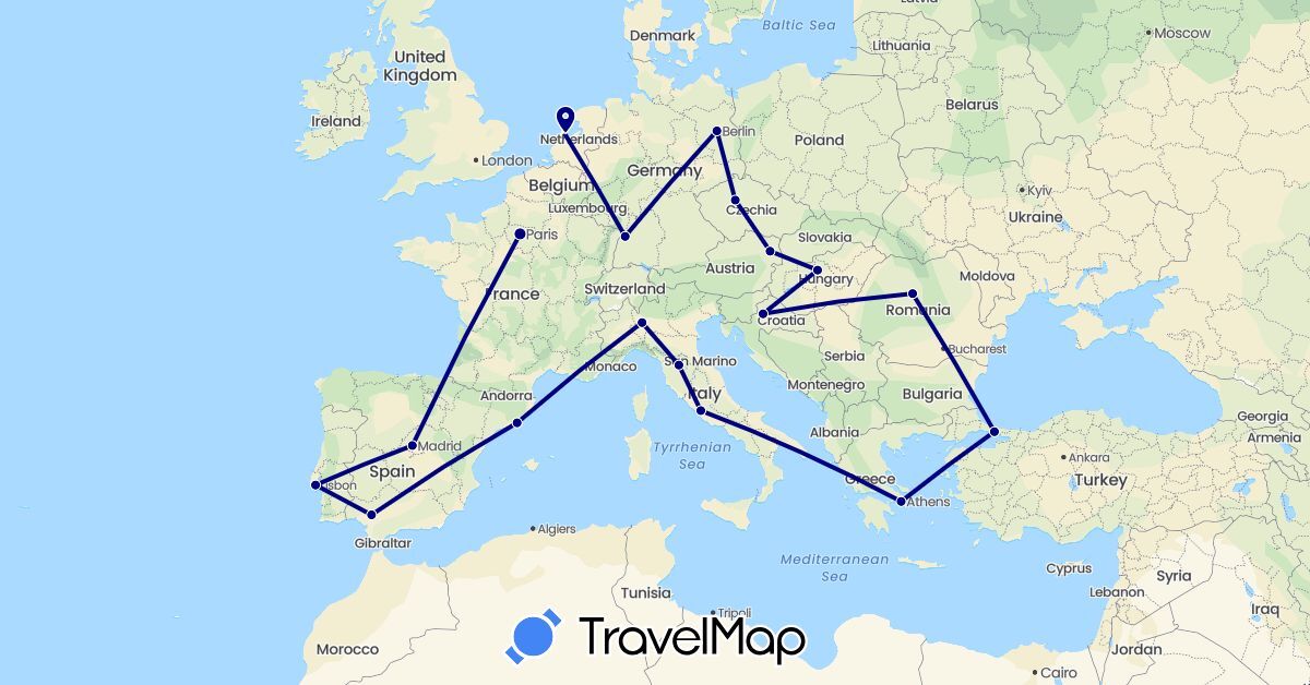 TravelMap itinerary: driving in Austria, Czech Republic, Germany, Spain, France, Greece, Croatia, Hungary, Italy, Netherlands, Portugal, Romania, Turkey (Asia, Europe)